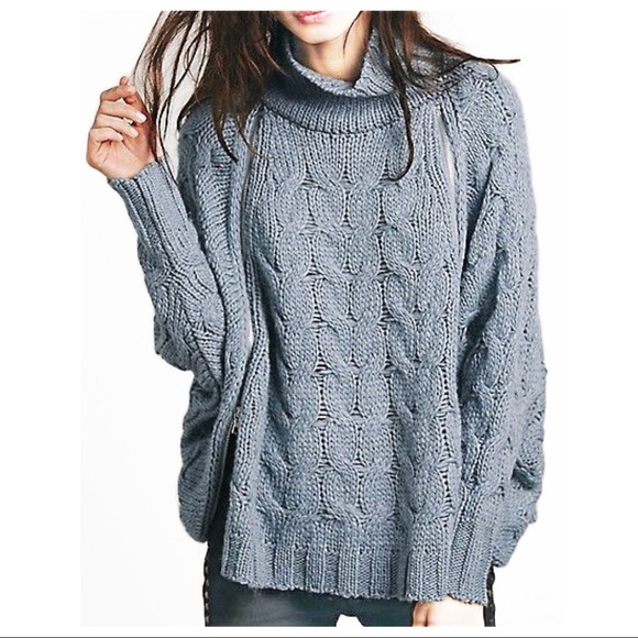 SOLD-Free People Zippered Chunky Slouchy Dolman Sleeve Cable Knit Sweater - Picture 6 of 10
